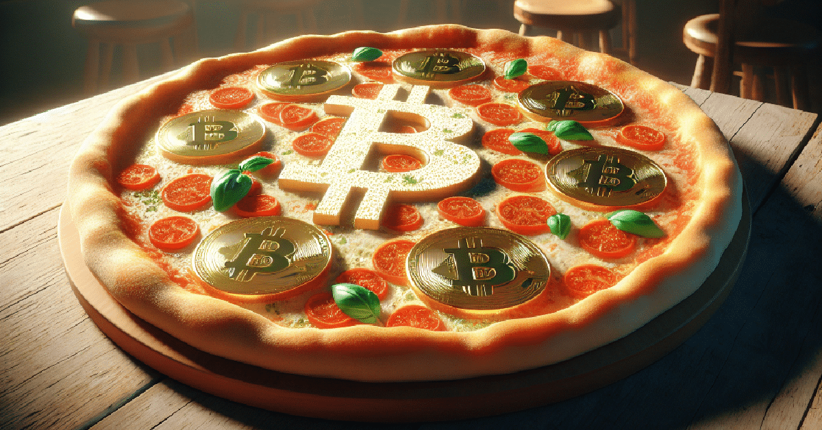 A celebratory image of a pizza with a Bitcoin symbol made of toppings, surrounded by confetti and digital currency icons. The words "Bitcoin Pizza Day" are subtly incorporated into the design. Festive, vibrant, digital illustration.