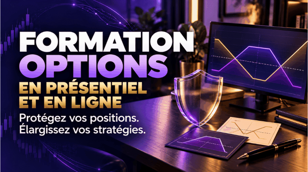 COURS Options Négociateur & Investisseur Actif – 3 jours 4 Formation sur les options en présentiel et en ligne, illustrée par un bouclier et des graphiques de stratégies dans des tons violets.