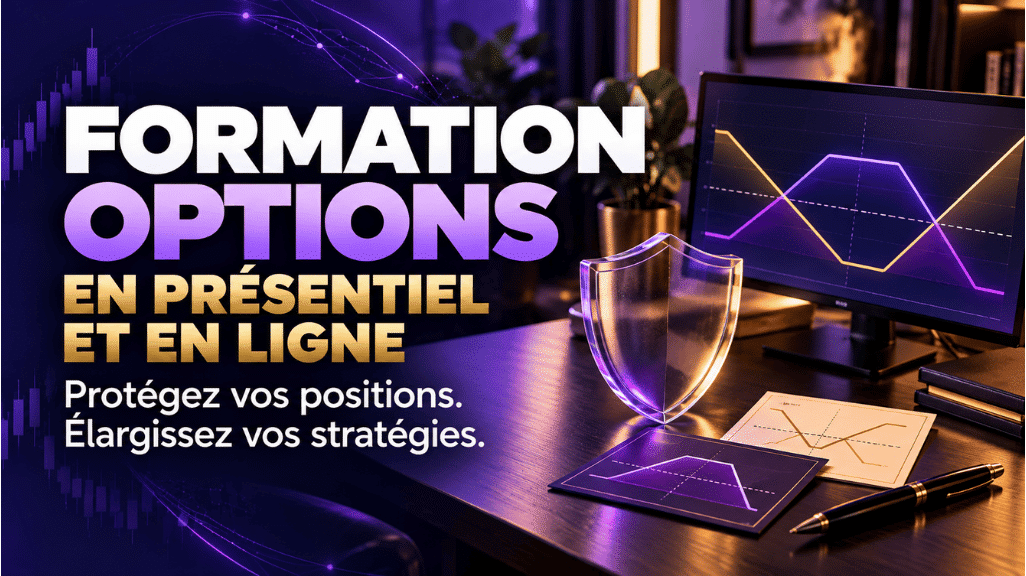 Formation sur les options en présentiel et en ligne, illustrée par un bouclier et des graphiques de stratégies dans des tons violets.