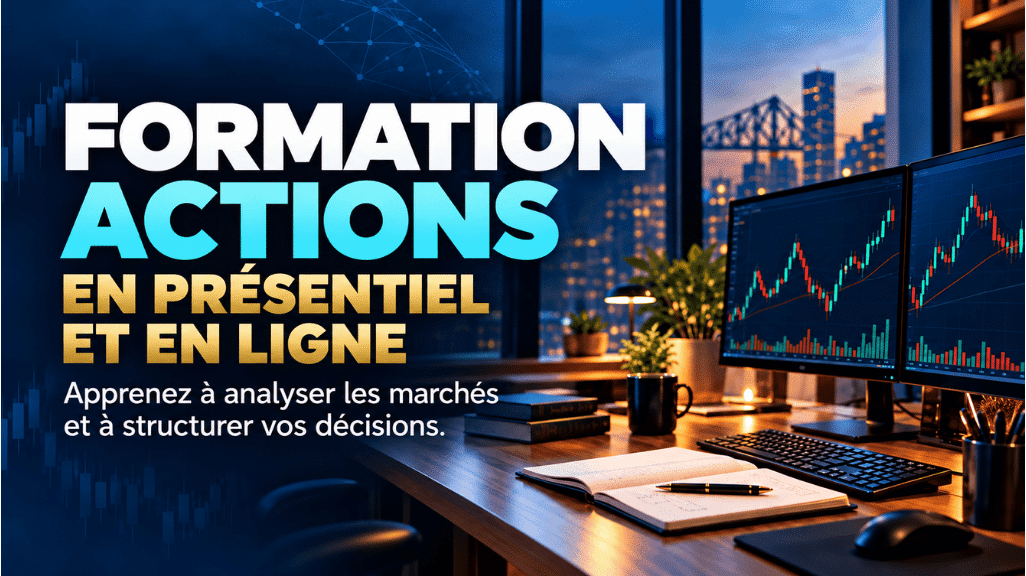 Visuel annonçant une formation sur les actions en présentiel et en ligne, avec un poste de travail et des graphiques boursiers.