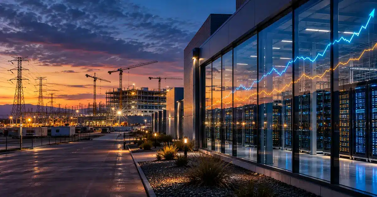 Centre de données d’intelligence artificielle en construction, illustrant les enjeux d’énergie, de financement et de croissance boursière d’Oracle et d’Akamai.
