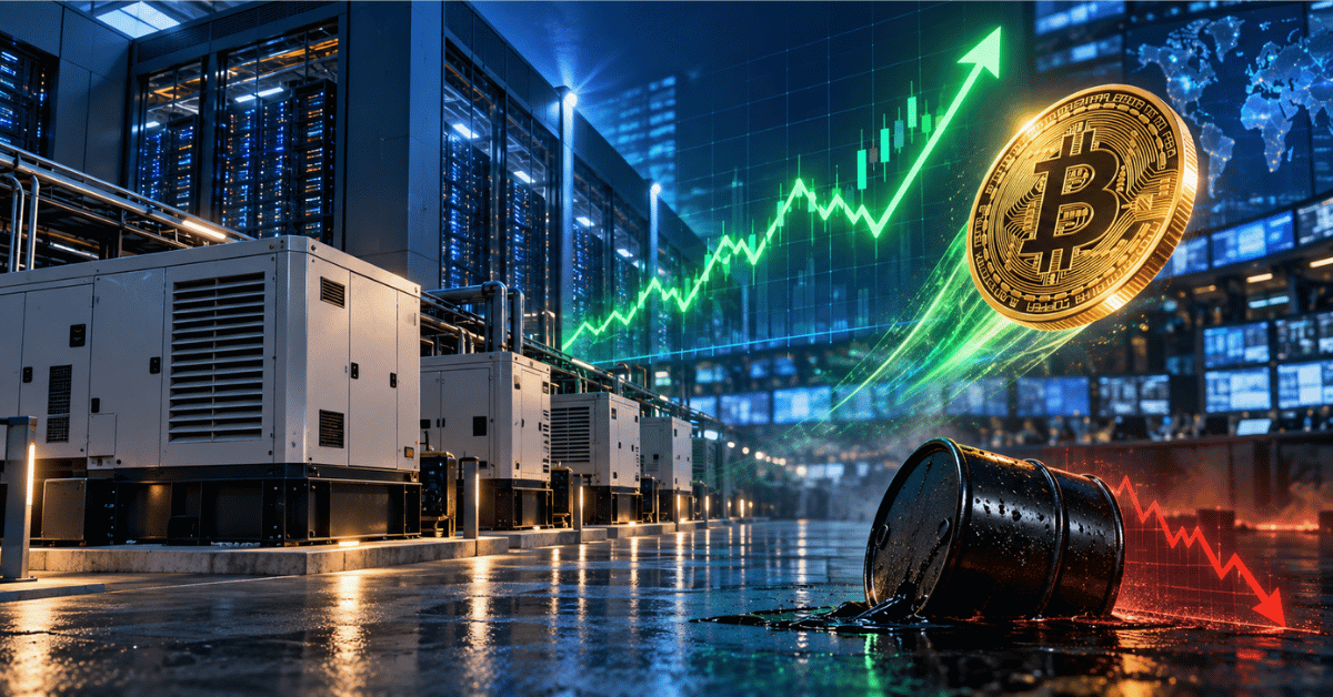 Génératrices devant un centre de données, graphique boursier en hausse, bitcoin et pétrole en baisse.