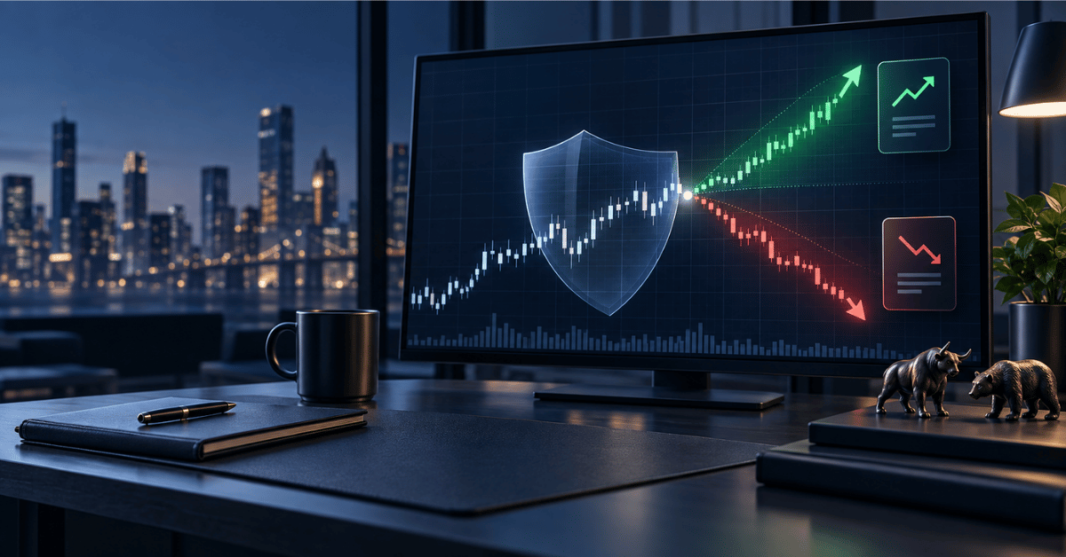 Écran de trading montrant des scénarios haussier et baissier ainsi qu’un bouclier symbolisant la protection par options.