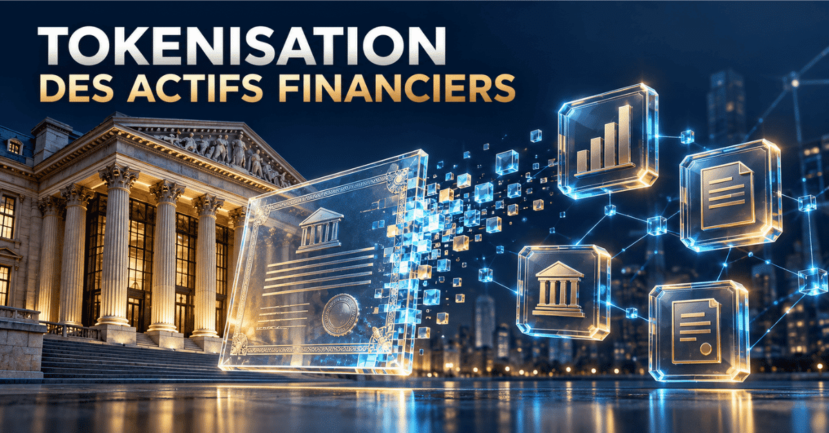 Illustration de titres financiers transformés en jetons numériques reliés sur une chaîne de blocs, devant un bâtiment boursier.